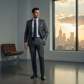 Confident businessman in suit by city window view.