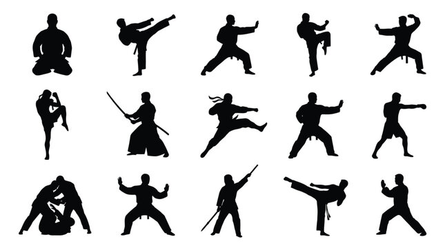 Martial arts practitioners showing various dynamic combat stances and active fighting poses in sharp black silhouettes