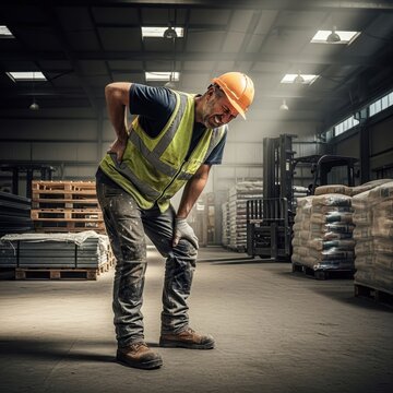 Construction worker in warehouse with safety gear and pallets.
