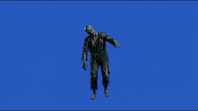Zombie soldier walking forward on blue screen chroma key background.