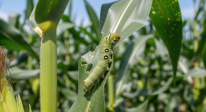 Corn Earworm Caterpillar on Maize Plant in Field.