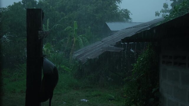 Monsoon season. Summer storm, dark sky cloudy heavy rain, weather in rainy season.