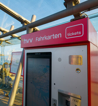 HAMBURG, GERMANY - AUGUST 26, 2026 - HVV ticket machine dispensing tickets for public transport in Hamburg, Germany
