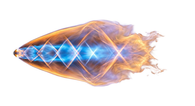 Supersonic rocket exhaust plume showing shock diamond mechanics glowing gas expansion aerospike propulsion fluid dynamics aerospace engineering physics on transparent background
