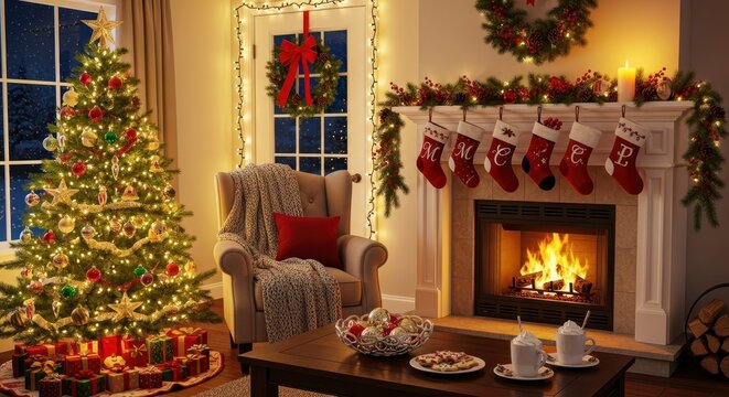 Cozy Christmas Living Room with Fireplace and Decorations.