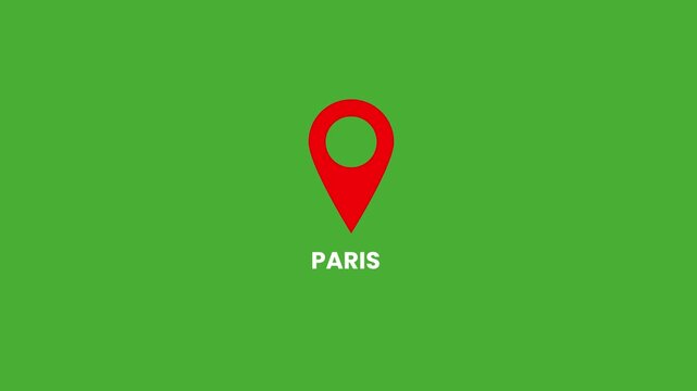 Paris Location Pin Marker on Green Screen, Red Map Pin with City Name Label Chroma Key