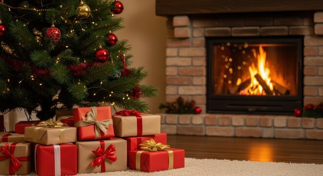 Cozy Christmas scene with fireplace and decorated tree.