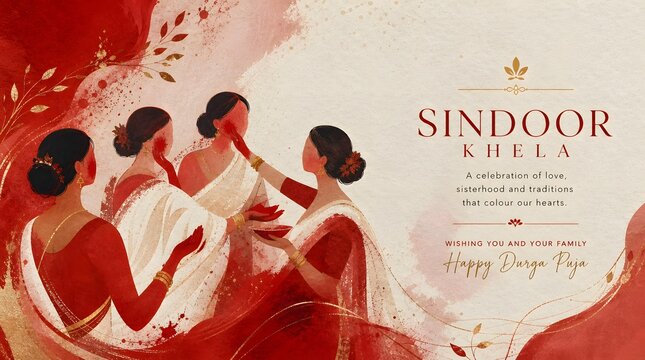 Bengali Married Women Celebrating Sindoor Khela Ritual for Happy Durga Puja Festival Banner Background