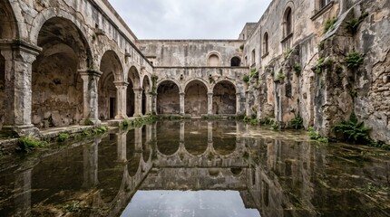 Fototapeta premium Flooded ancient stone courtyard with arched cloisters and water reflection in ruins.