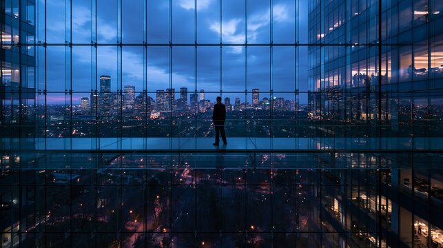 Businessman Silhouette on Glass Skybridge Overlooking City Skyline