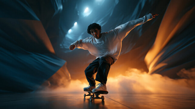 Young Man Skateboarding in Dramatic Studio Lighting