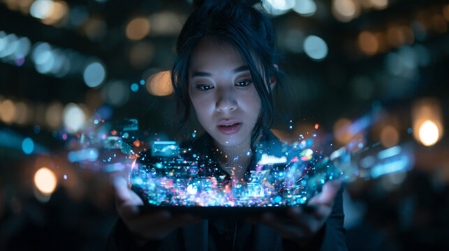 Businesswoman Interacting with Holographic Data Interface at Night