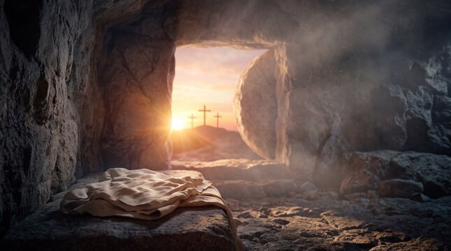 Empty Tomb of Jesus Christ at Sunrise with Three Crosses