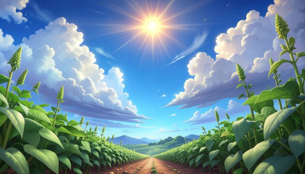 Anime style blue sky with cumulus clouds over a green crop field and path