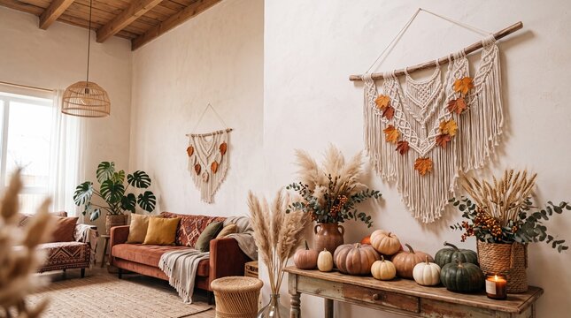 Cozy Autumn Living Room Interior with Boho Decor and Pumpkins