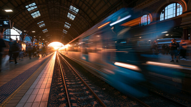 Motion Blur Train Arriving at Railway Station Platform at Sunset