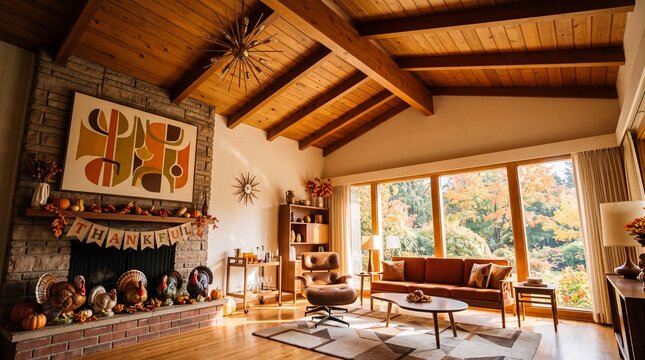 Mid-Century Modern Living Room Decorated for Thanksgiving Holiday