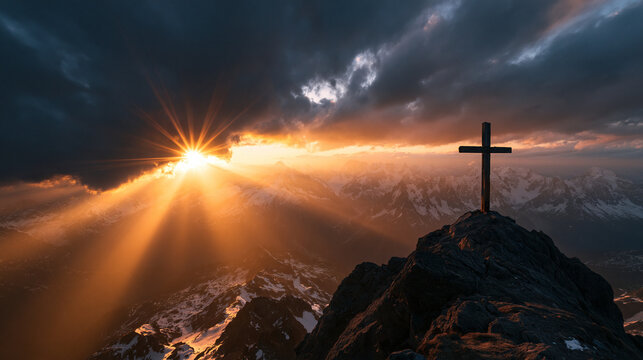 Christian Cross on Mountain Peak with Dramatic Sunbeam
