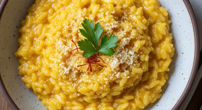Creamy Saffron Risotto with Fresh Parsley Garnish.