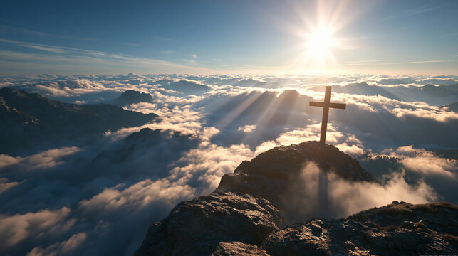 Christian Cross on Mountain Peak Above Clouds with Sunburst