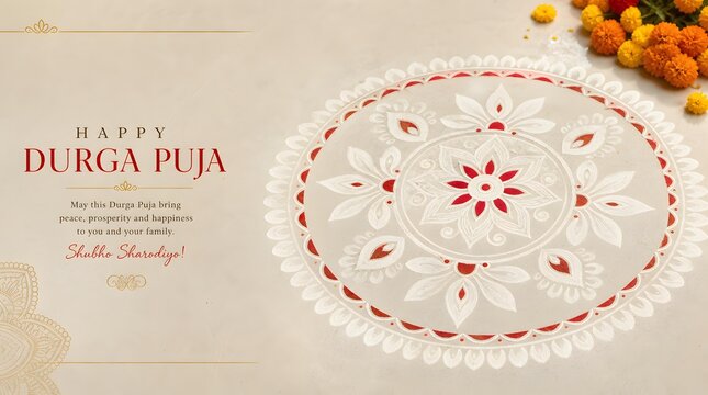 Traditional White Floral Alpana Motif Design for Happy Durga Puja Festival Greeting Banner Background