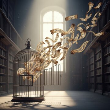 Creative ideas escaping from a birdcage in a library.
