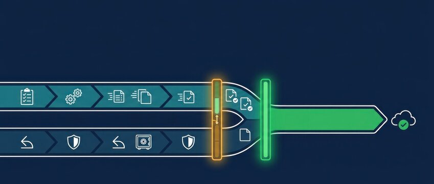 Production deployment release workflow with validated test and rollback evidence passing an amber checkpoint into a controlled green production path