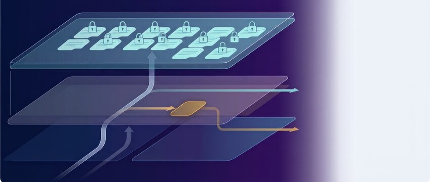 Policy change approval reconciliation workflow with preserved records and branching review paths across transparent governance layers with copy space