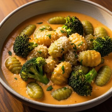 Creamy Gnocchi and Broccoli in Orange Sauce Bowl.