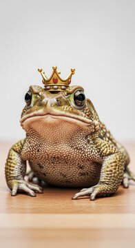 Crowned toad on wooden surface with royal expression.