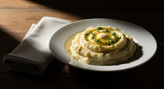 Creamy Mashed Potatoes with Herb Garnish on White Plate.