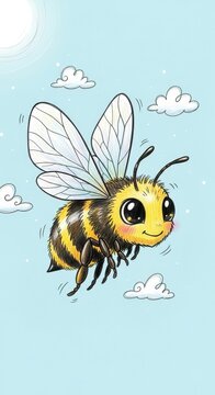 Cute Cartoon Bee Flying in Blue Sky with Clouds.