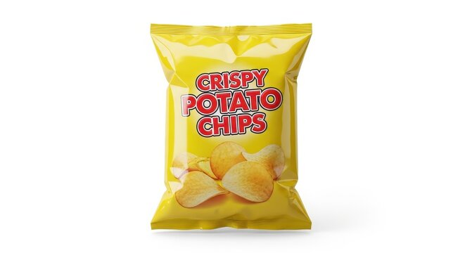 Crispy golden potato chips bag on white background.