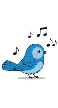 Cute Blue Singing Bird with Musical Notes Illustration.