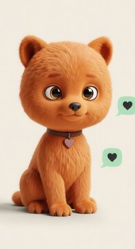 Cute cartoon brown bear cub with hearts and tag.