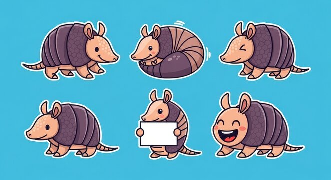 Cute Armadillo Characters in Flat Cartoon Style.