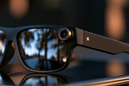 Modern eyewear with integrated camera, reflecting a scenic outdoor view