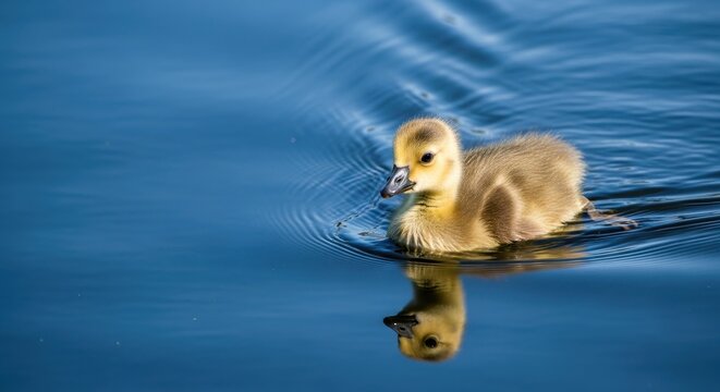 Cute Baby Duckling Swimming in Calm Blue Water.