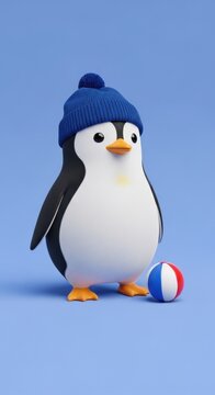 Cute cartoon penguin with blue hat and colorful ball.