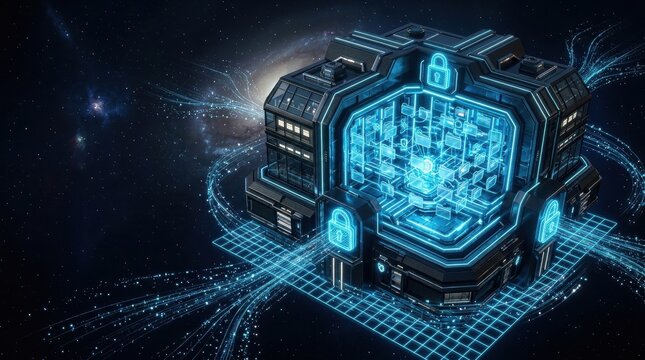Secure Digital Fortress: A futuristic digital server bank, illuminated by glowing blue neon lights, represents advanced data security and network protection.