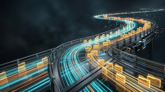 Digital Highway of Data: Abstract visualization of data packets flowing along luminous, futuristic transportation lanes, symbolizing the speed and complexity of information transfer in a modern world.