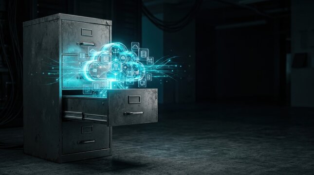 Data Extraction from Filing Cabinet: A vintage metal filing cabinet's drawer opens to reveal a glowing digital cloud with streams of data flowing out.