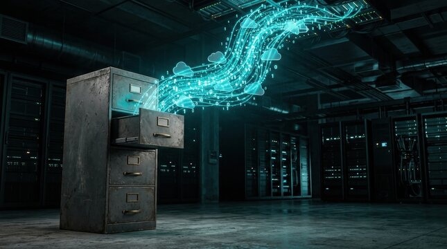 Data Stream from Filing Cabinet: An old-fashioned metal filing cabinet in a dimly lit server room appears to be emitting a vibrant, flowing stream of digital data or energy.