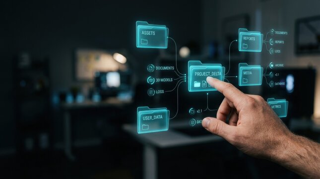 Digital File Organization: A hand interacts with a glowing holographic interface, displaying a network of digital folders and data connections.