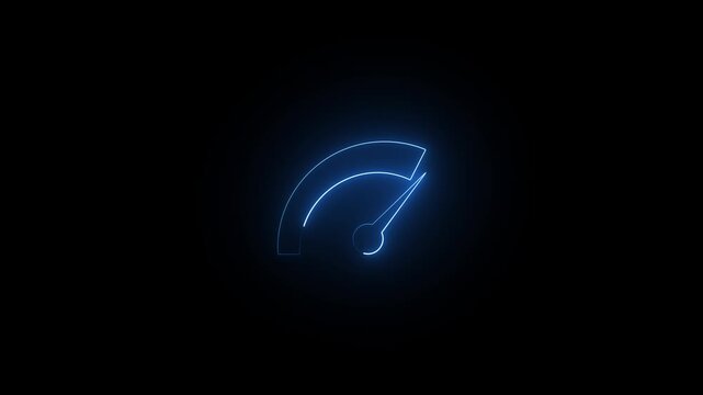 Speedometer neon icon shines with bright blue light over a dark background.