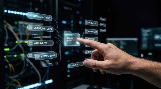Data Management Interaction: A close-up shot of a human finger touching a glowing interface displaying a complex data flow diagram within a server room.