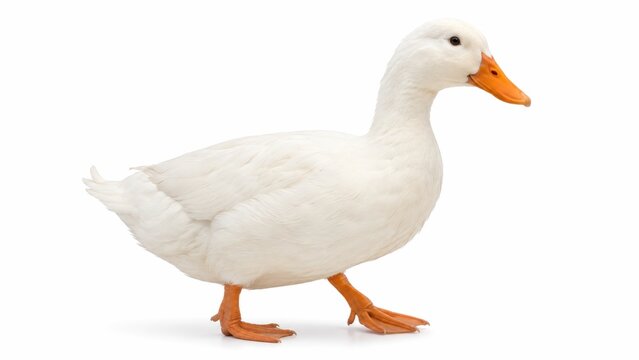 A white duck with an orange beak and webbed feet walking on a white background.