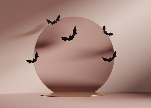 3D pedestal podium, pastel pink background.  flying bat on copy space . Halloween display showcase. Autumn product promotion for beauty product mockup. Abstract  3D render illustration	
