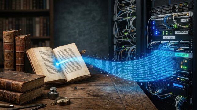 Digital Knowledge Transfer: An ancient book lies open on a wooden desk, with blue digital streams flowing from its pages towards a modern server rack.