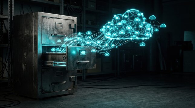 Cloud Data Transfer from Filing Cabinet: An old metal filing cabinet represents legacy data being transferred to a glowing digital cloud network, symbolizing modernization and data migration.